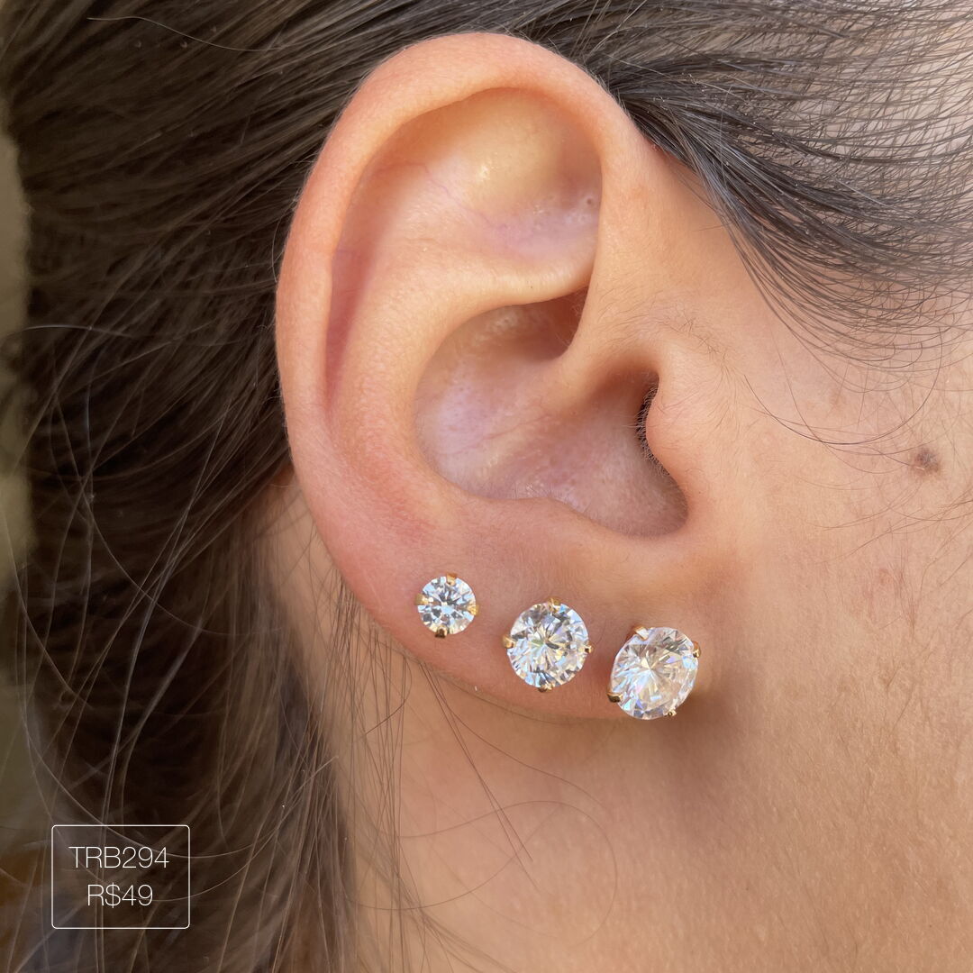 Trio de Brinco Ponto de Luz Luxo Cristal Dourado